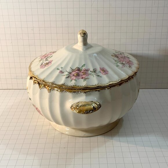 American Limoges Covered Dish Wild Rose 22K Gold Trim Vegetable Tureen 1930s VTG - Picture 7 of 11